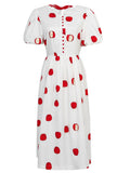 White Crew Neck Printed Red Apple Swing 1950S Dress