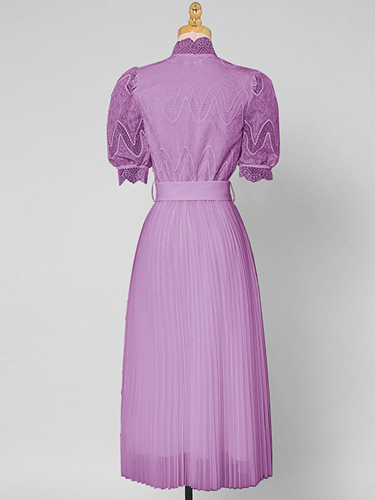 Apricot Stand Collar Puff Sleeve Mesh Pleated Dress