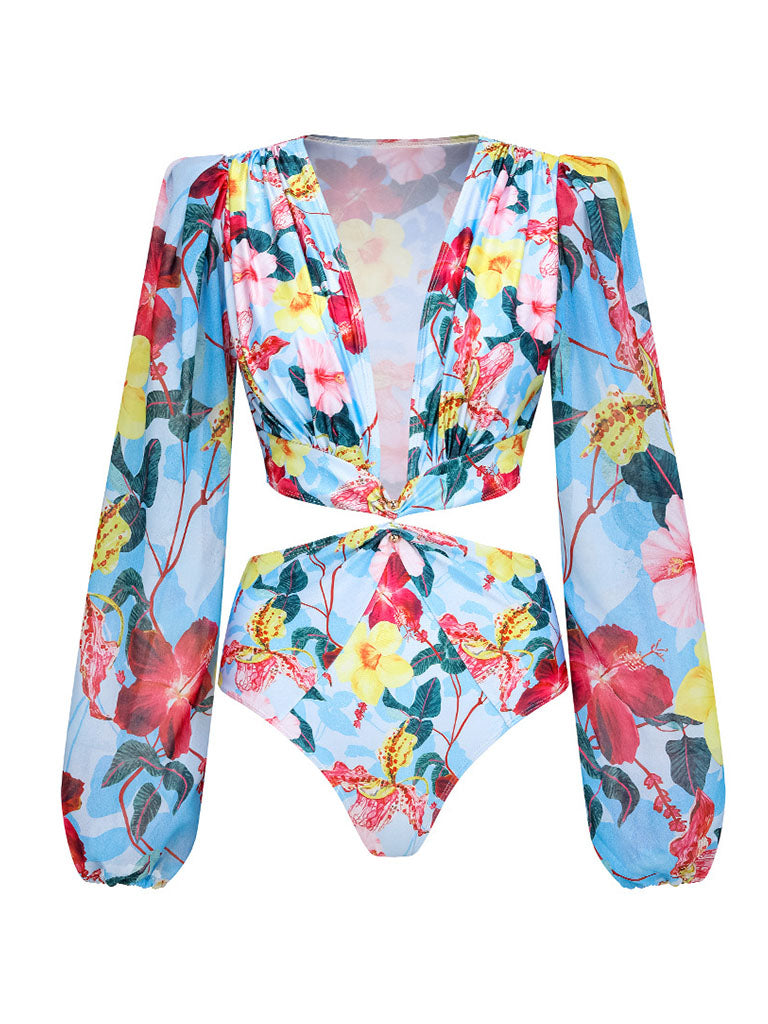Blue Flower Print Ruffles Long Sleeve One Piece