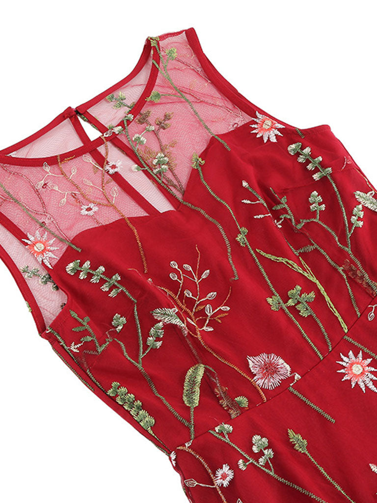 Wine Red Semi Mesh Flower Embroidered Sleeveless 50S Swing Dress