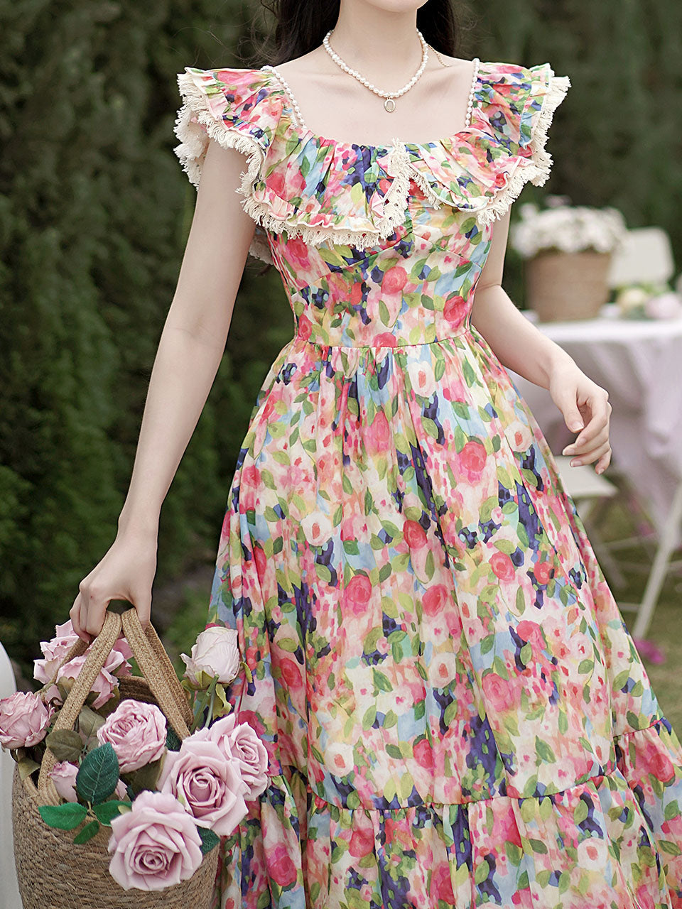 Off The Shoulder Floral Print Ruffles Vintage 1950S Dress