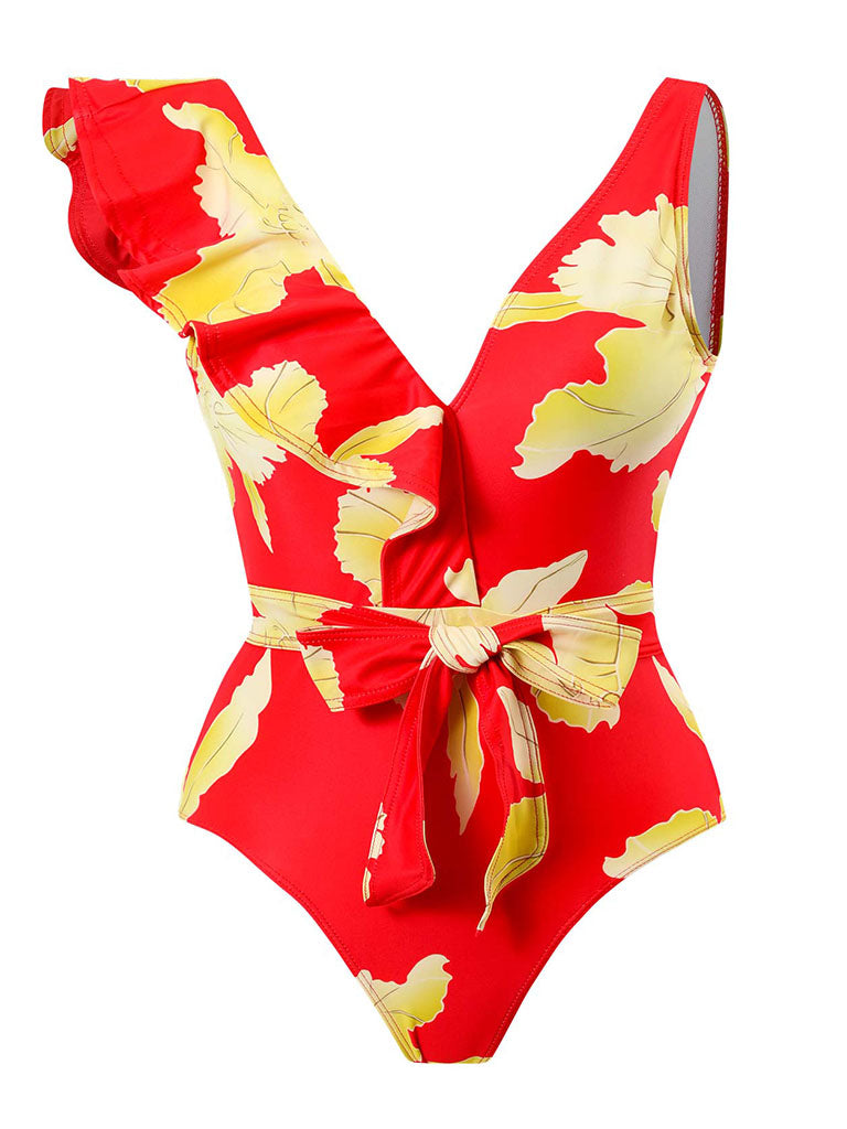 Blue Floral Print Ruffles Strap One Piece
