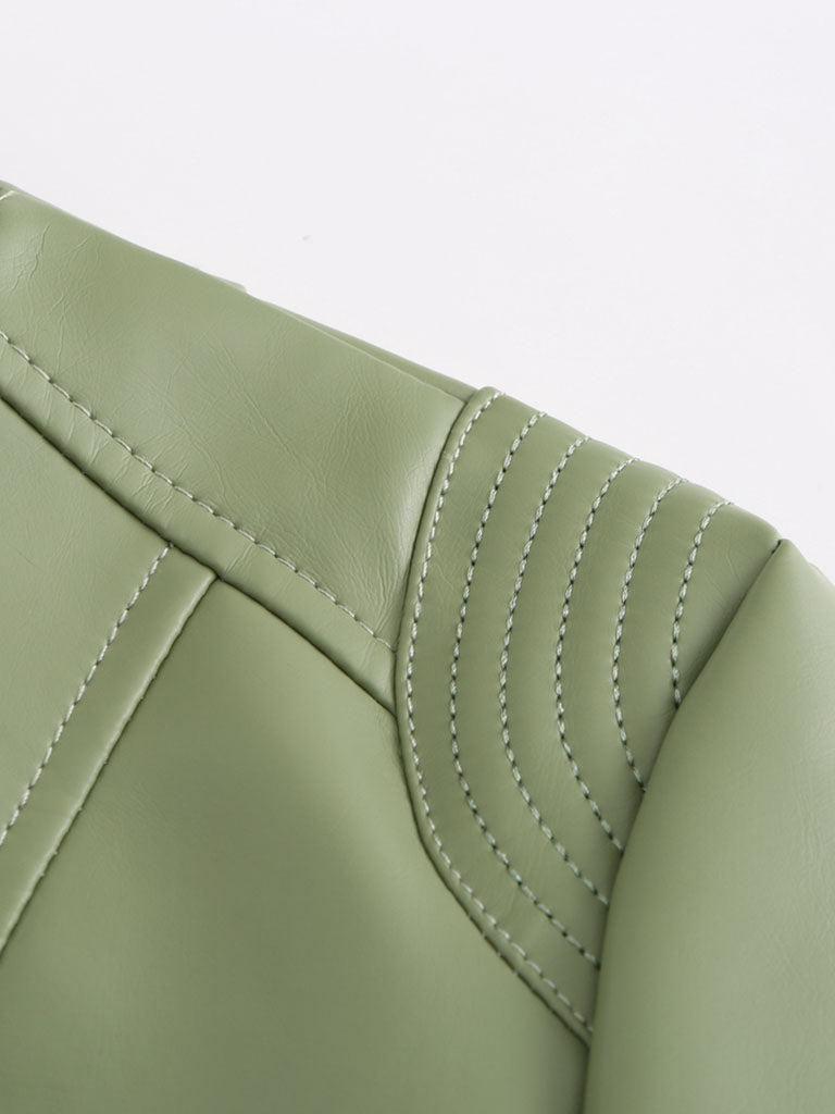 Light Green Long Sleeve PU Leather Motorcycle Jacket For Women