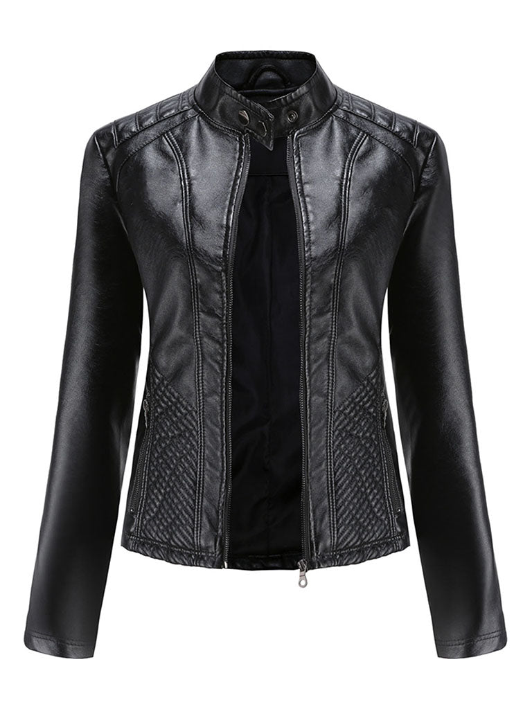 Stand Collar Long Sleeve PU Leather Motorcycle Jacket