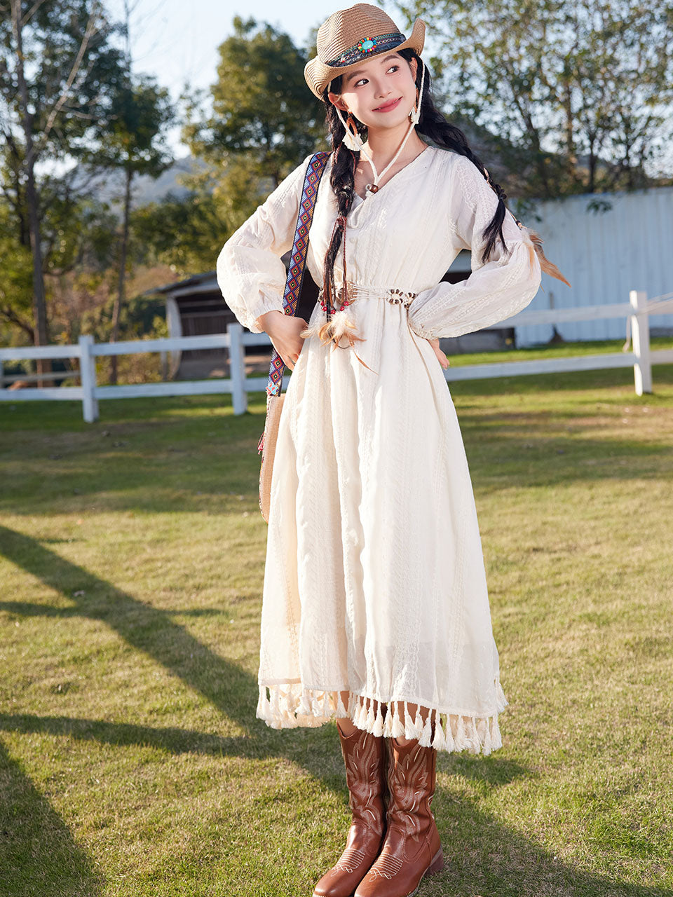 Bohemian White Tassel Cotton Maxi Dress