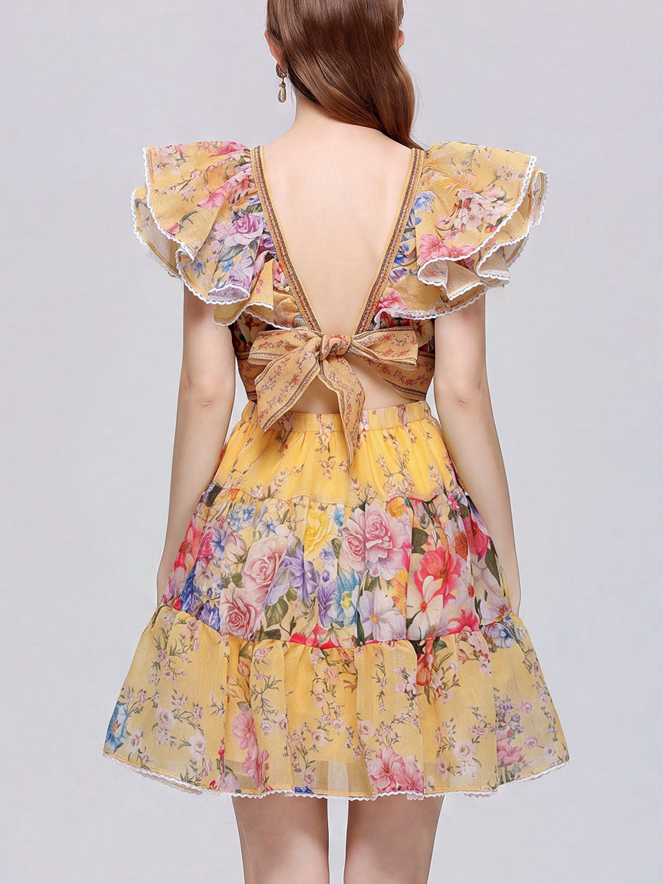Boho Yellow Floral Printed Chiffon V-Neck Ruffled Summer Beach Mini Dress