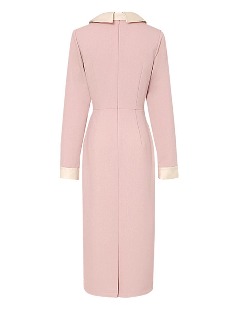 Pink Turn Down Collar Long Sleeve 1940S Vintage Dress