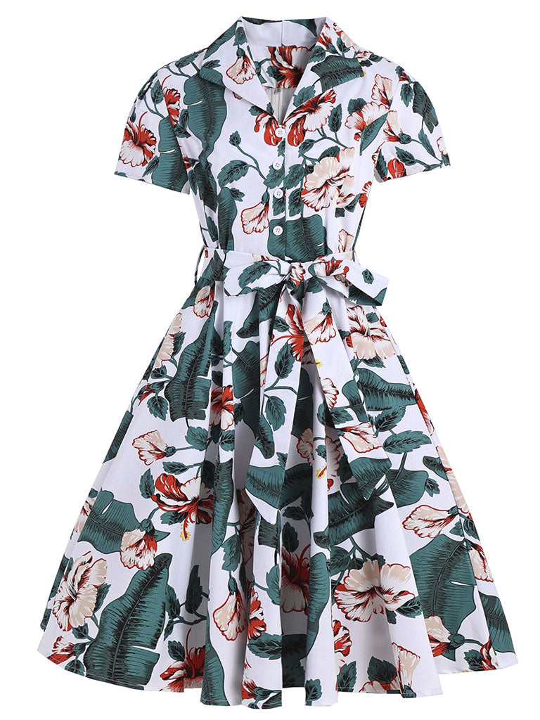 Green 1960S Floral Print Swing Vintage Dress
