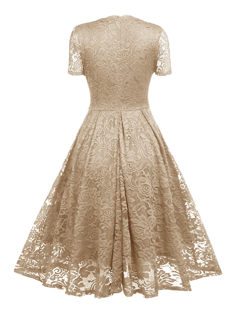 Solid Color Lace Short Sleeve V Neck 50s Party Swing Dress