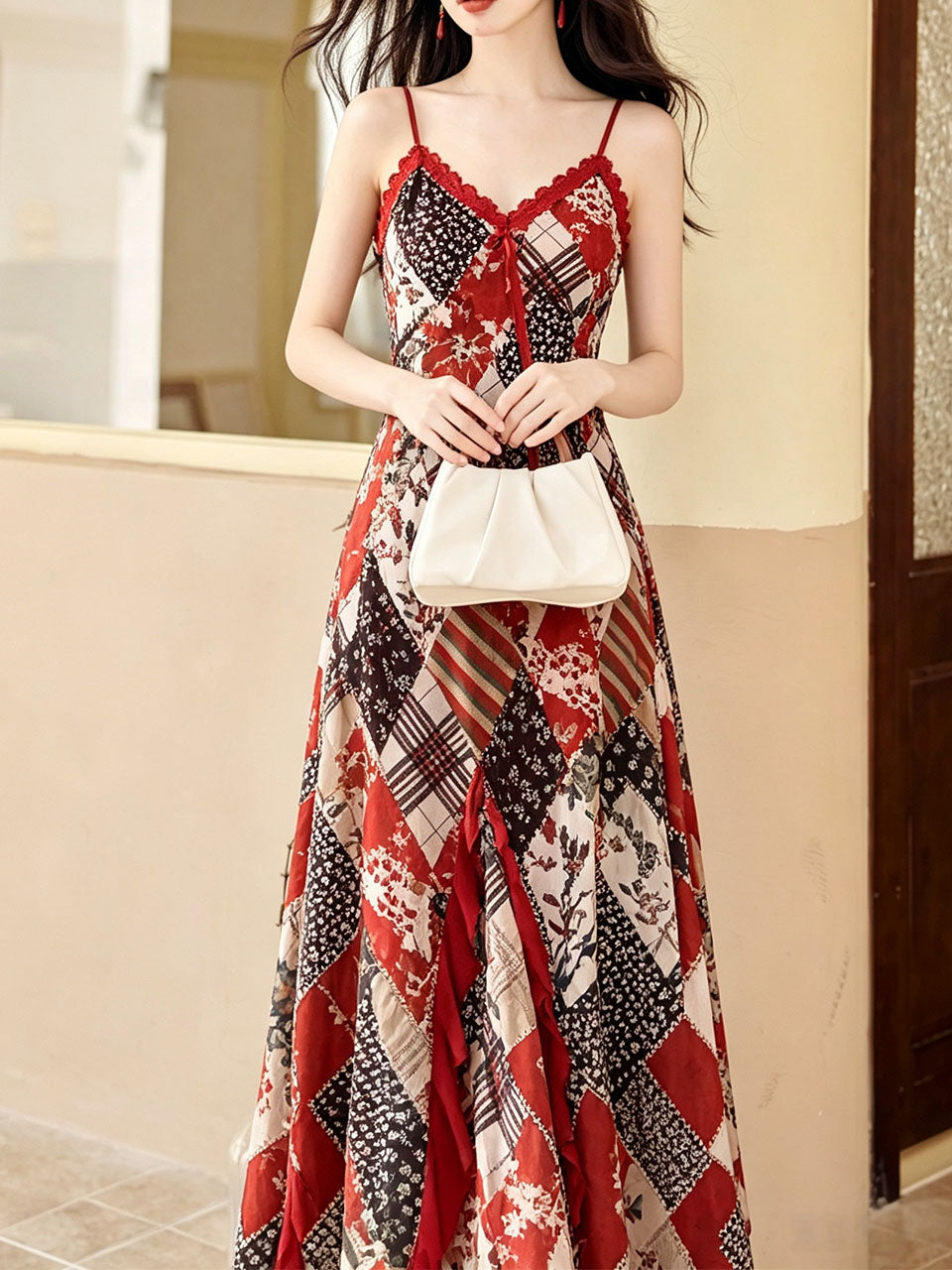 Vintage Bohemian Red Ruffle Hem Floral Plaid Spaghetti Strap Maxi Dress