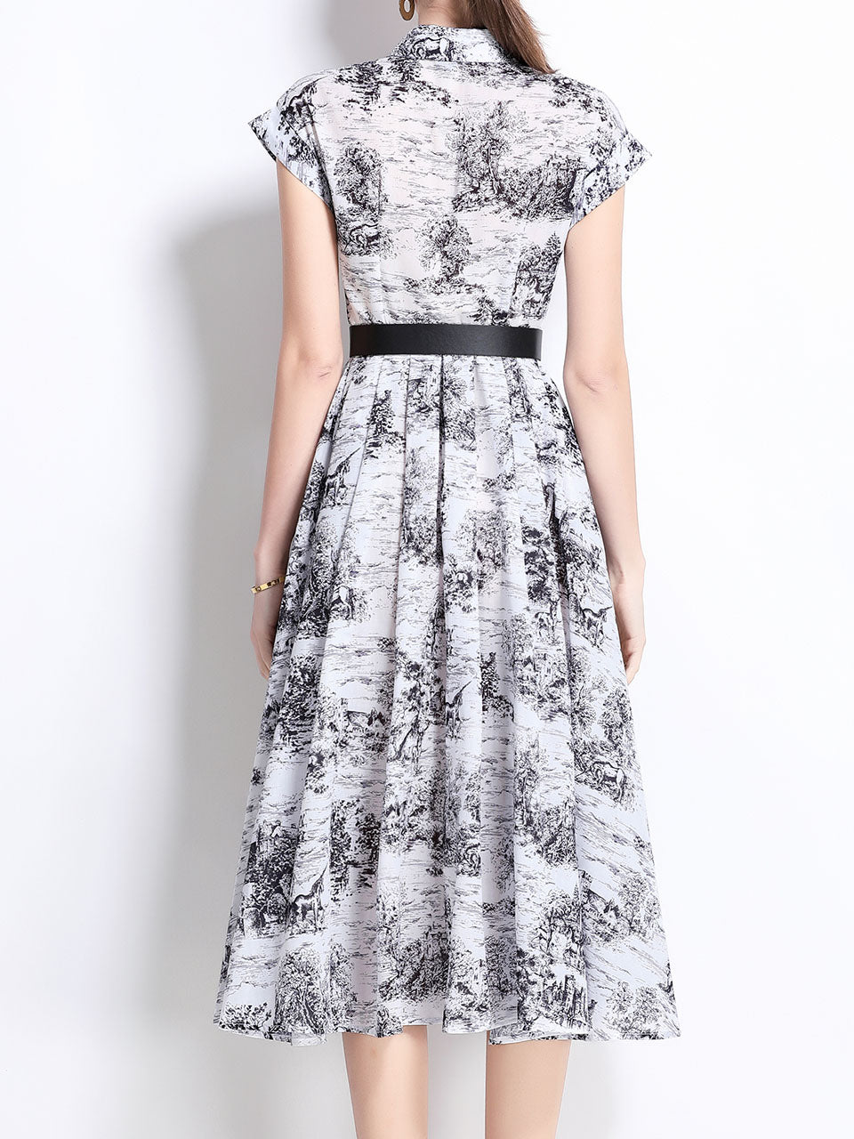 1940S Classic Shirt Collar Vintage Print Cap Sleeve Cotton Dress
