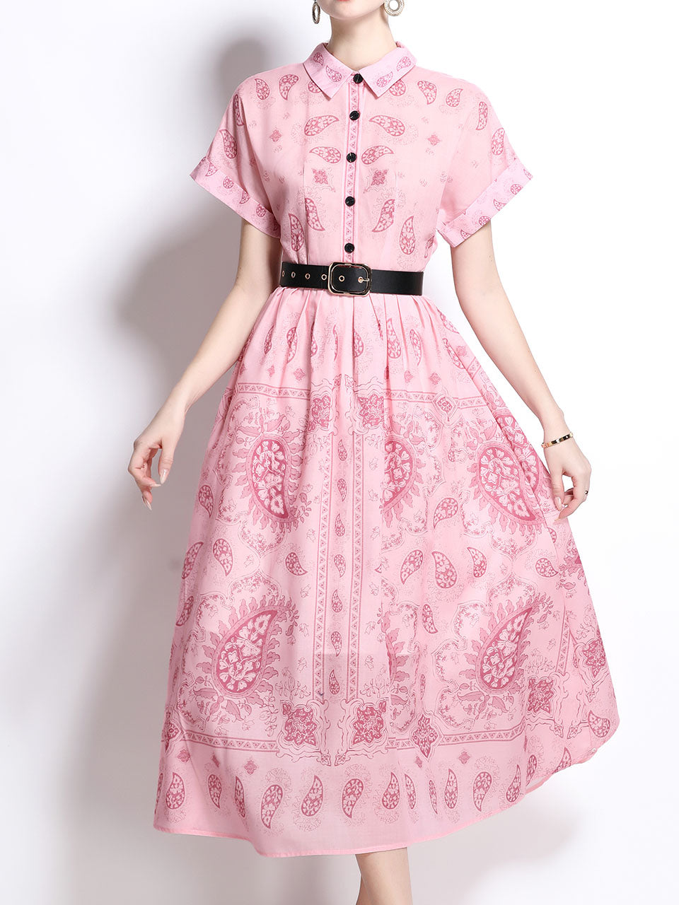 1940S Classic Shirt Collar Vintage Print Cotton Dress