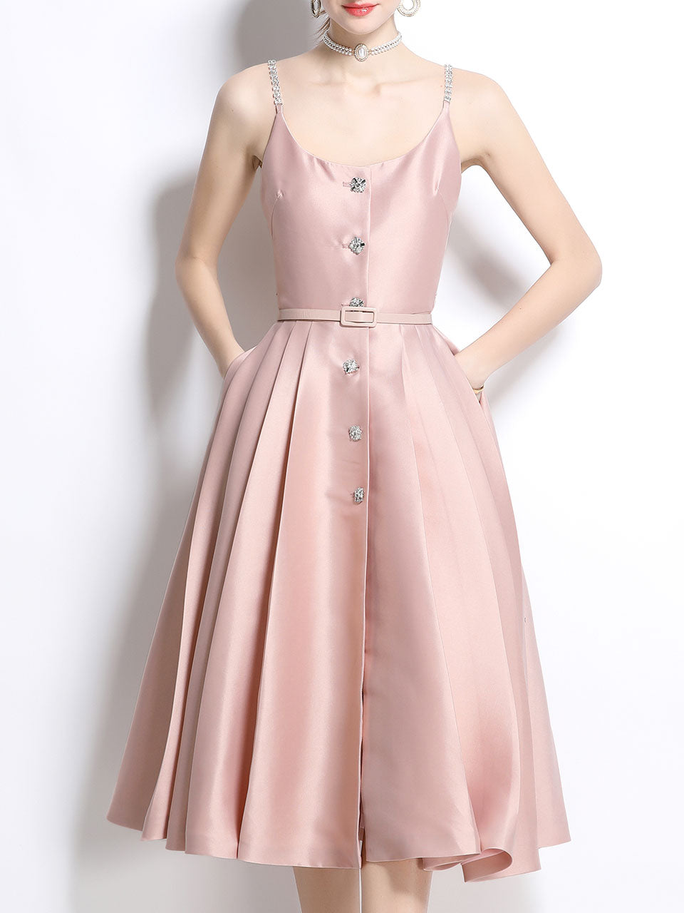 Pink Luxury Diamond Strap Satin Prom Dress