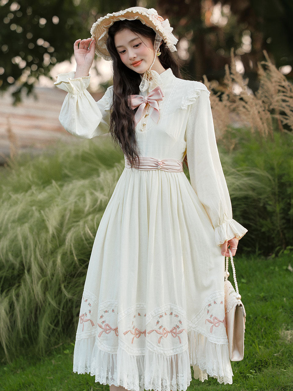 White Edwardian High Neck Lace Embroidered Vintage Dress