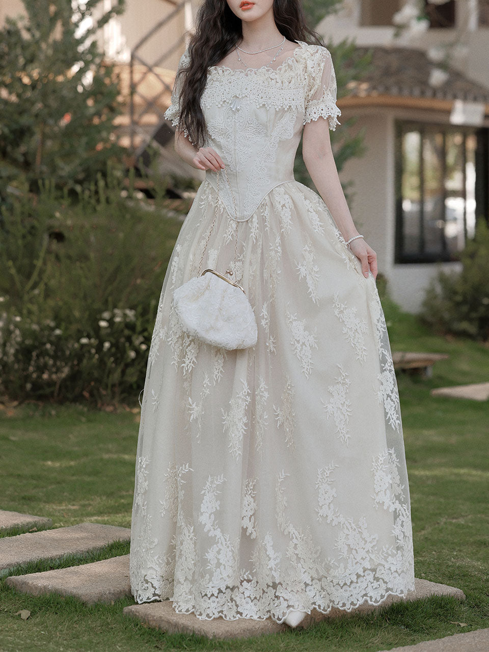 Ivory Victorian Style Lace Corset Wedding Gown Wedding Maxi Dress