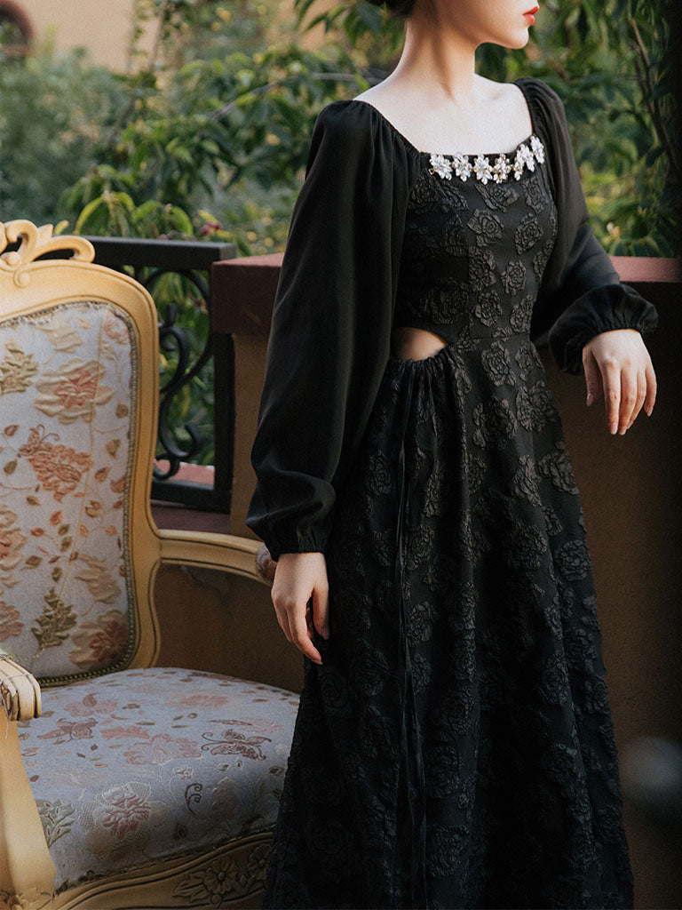Black Glass Diamond Rose Jacquard Hollow-carved Dress 1950S Hepburn Style Outfits