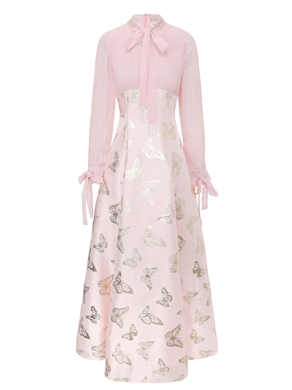 Gold Foil Butterfly Print Chiffon Blue Maxi Dress
