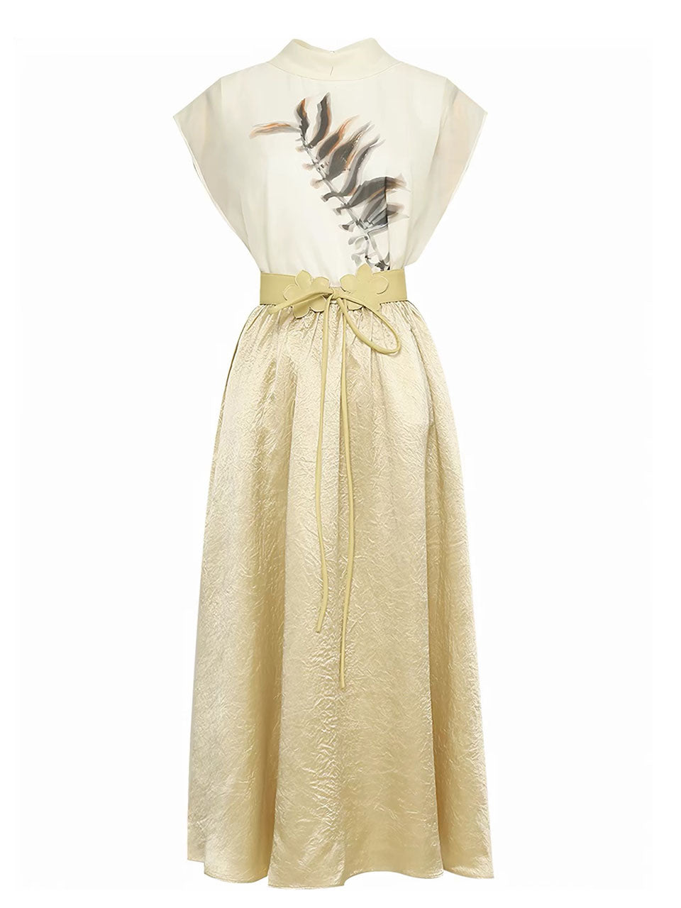 2PS Silk Printed Sleeveless Top and Gold Metallic Midi Skirt Dress Set