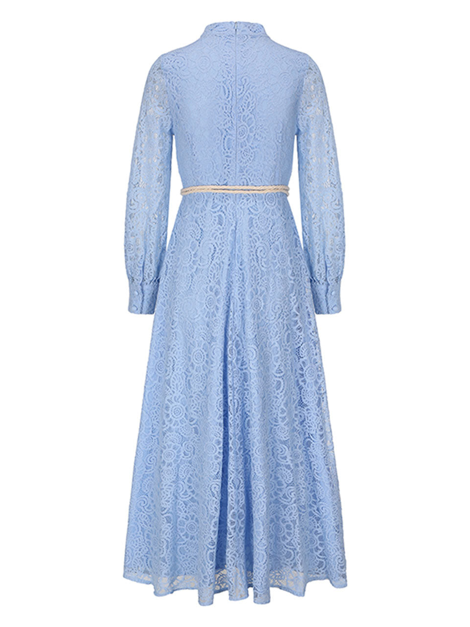 Blue Edwardian Lace Stand Collar Long Sleeve Maxi Dress