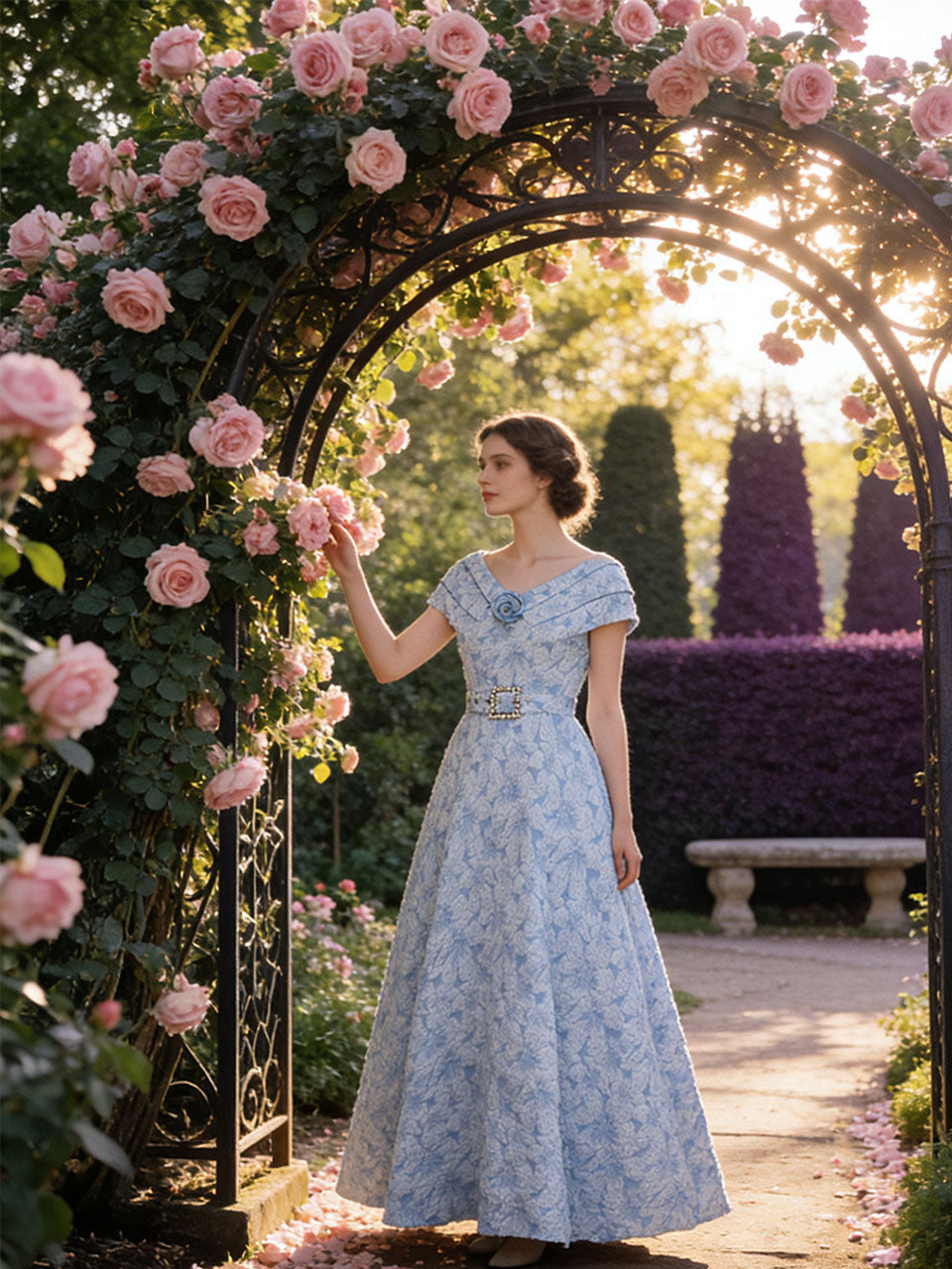 Lavender 3D Rose Vintage Pleated V-Neck Swing Dress