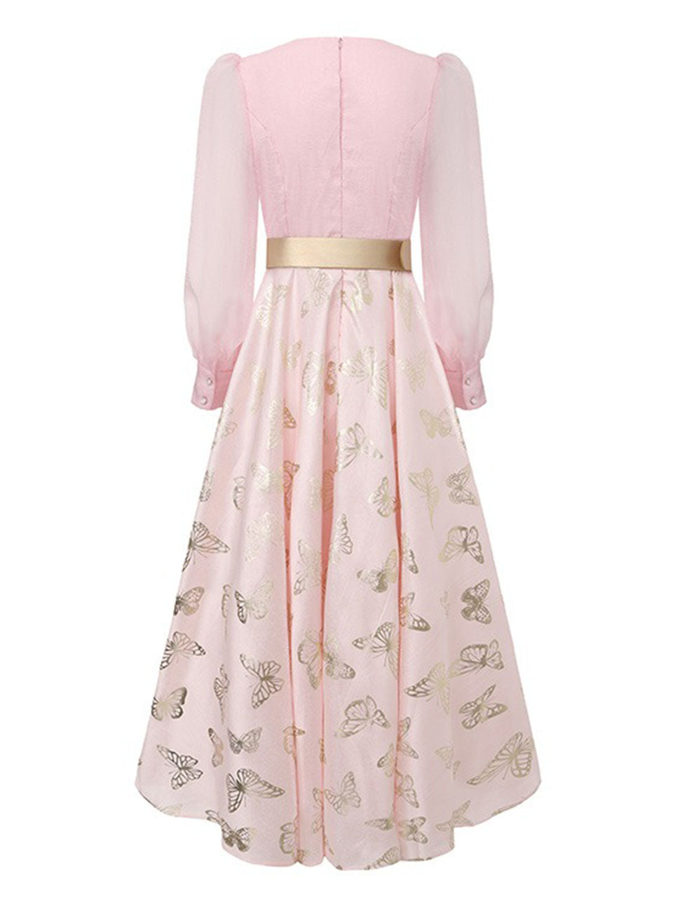 Gold Foil Butterfly Print Pink Vintage Square Neck Maxi Dress