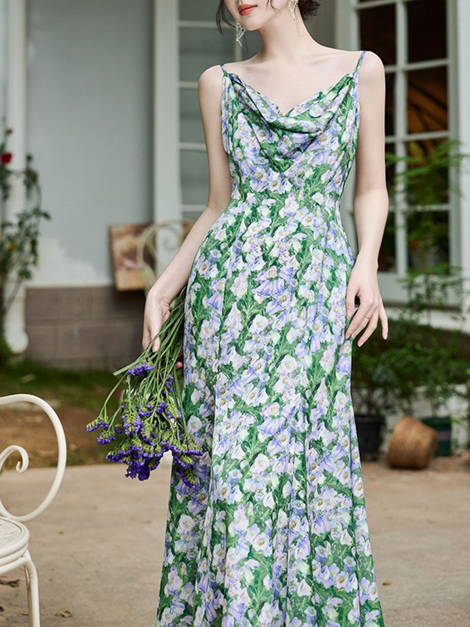 2PS Green Floral Printed Spaghetti Straps Vintage Dress