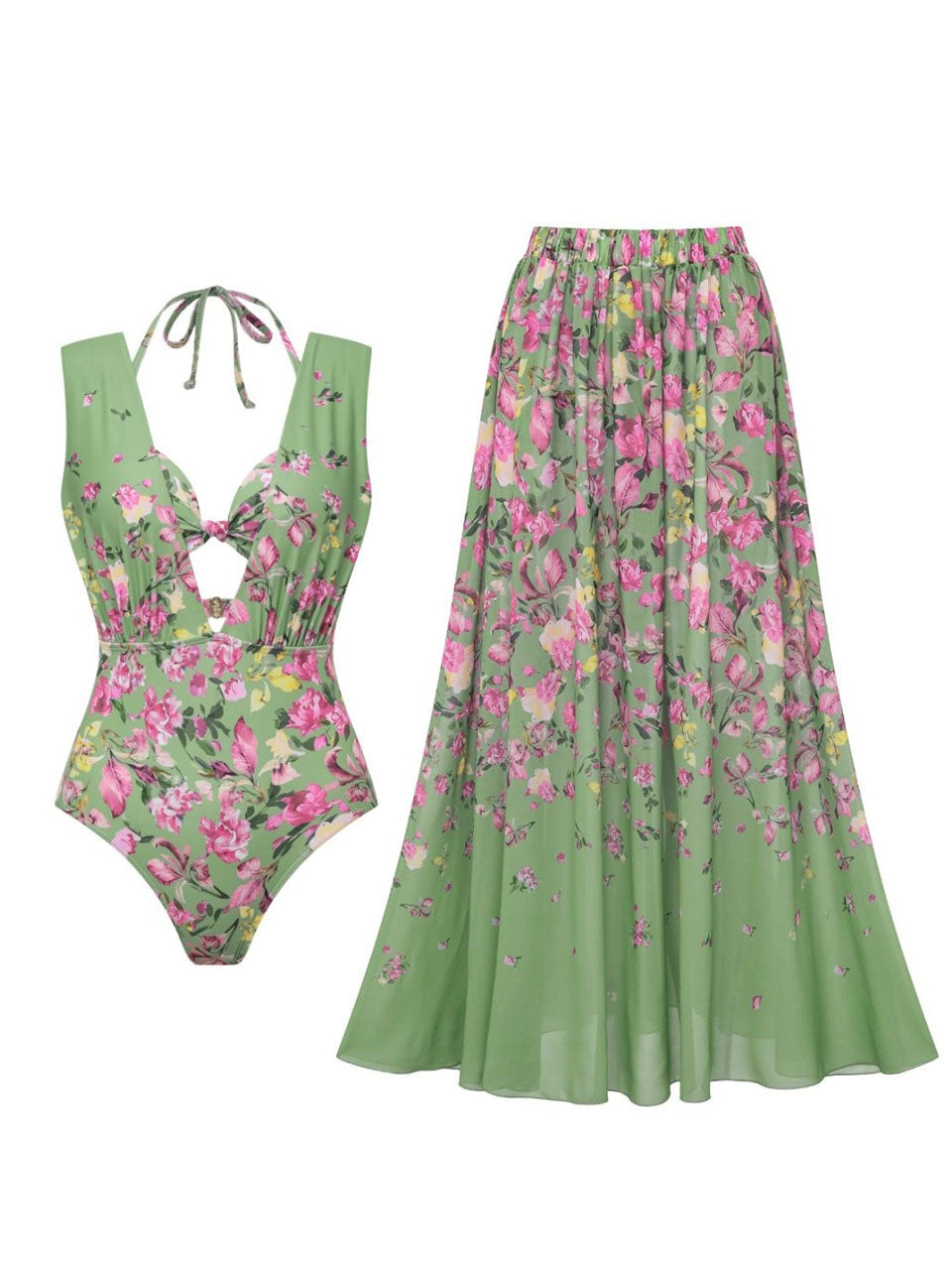 3PS Sage Green Vintage Halter Cutout Pastel Flower Print Monokini and Flowy Beach Long Skirt Swimsuit Set