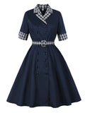 Vintage Double-Breasted Navy Gingham Collar Shirt Dress