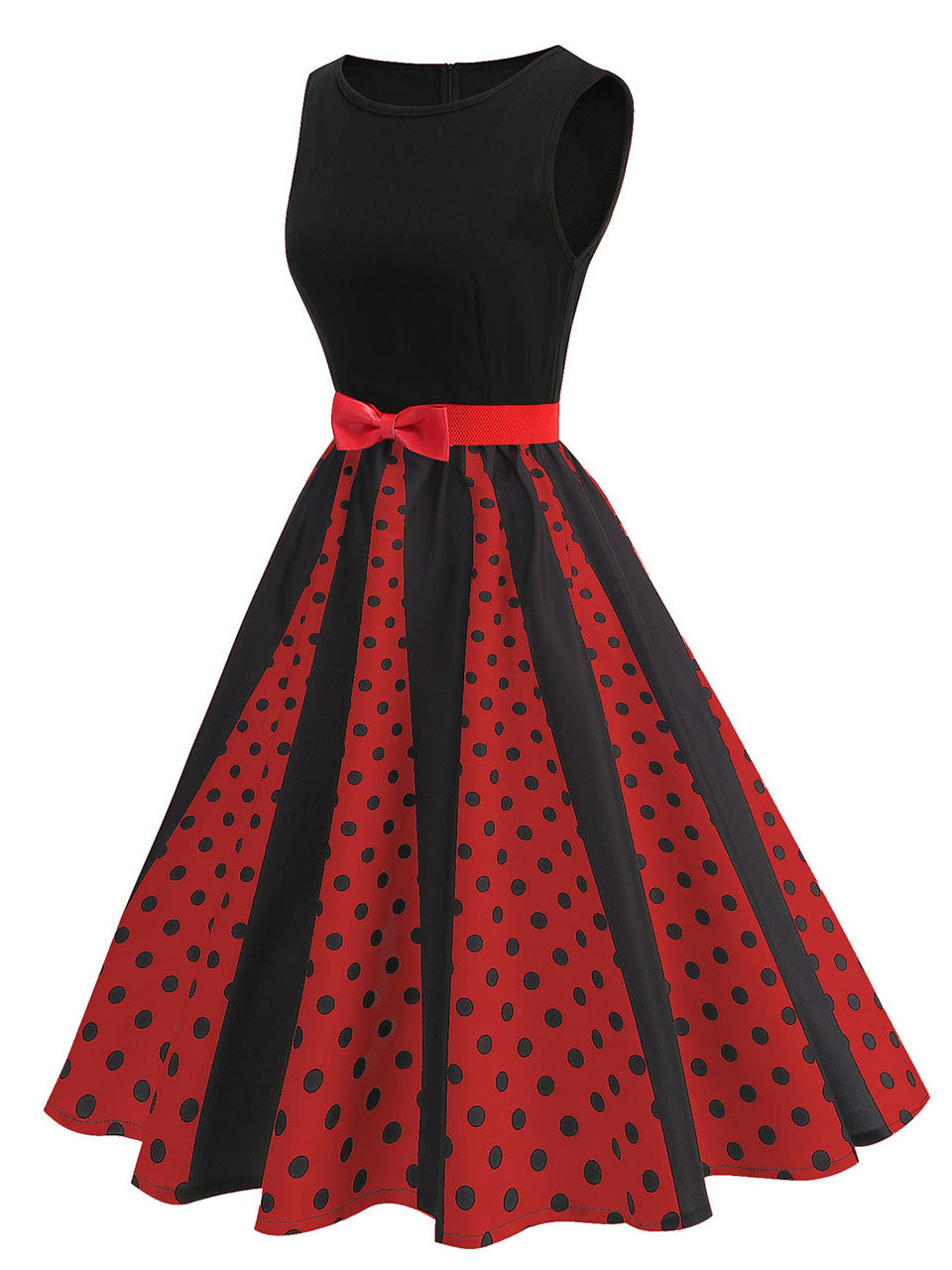 Christmas Red and Black Crew Neck Swing 1950S Vintage Dress