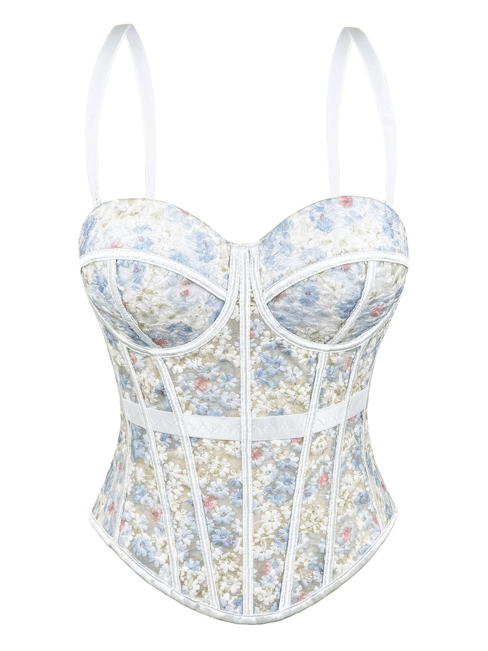 Pink Floral Embroidered Corset Top - Sheer Boned Spaghetti Strap Bustier