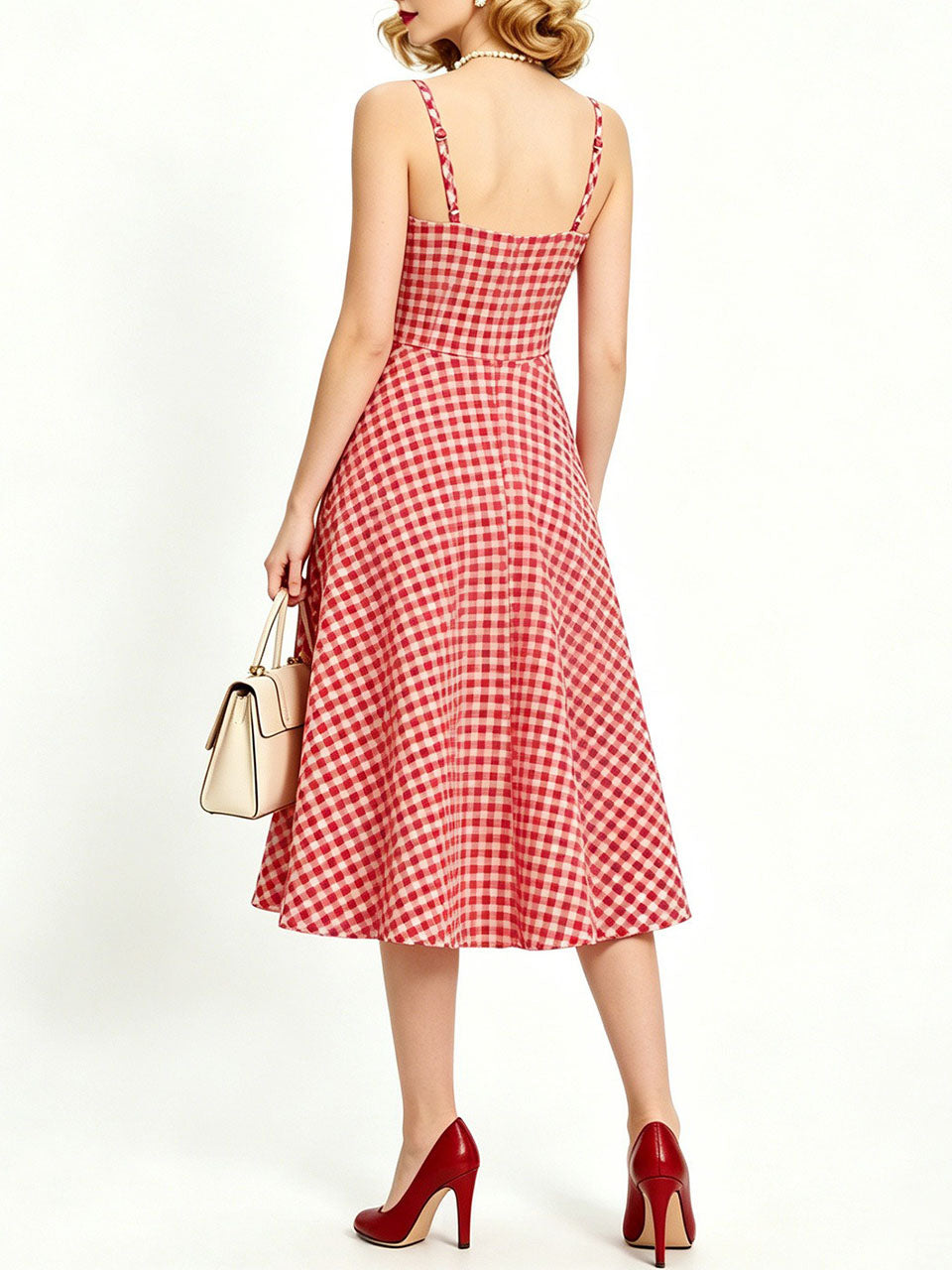 1950s Green Gingham Button Front Spaghetti Strap Swing Summer Picnic Dress