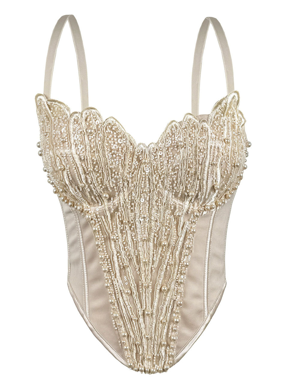 Pink Pearl Beaded Corset Top - Sequined Embroidery Spaghetti Strap Bustier