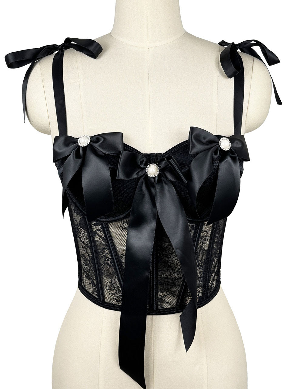 Black Bow Nude Lace Corset Top - Pearl Embellished Bustier