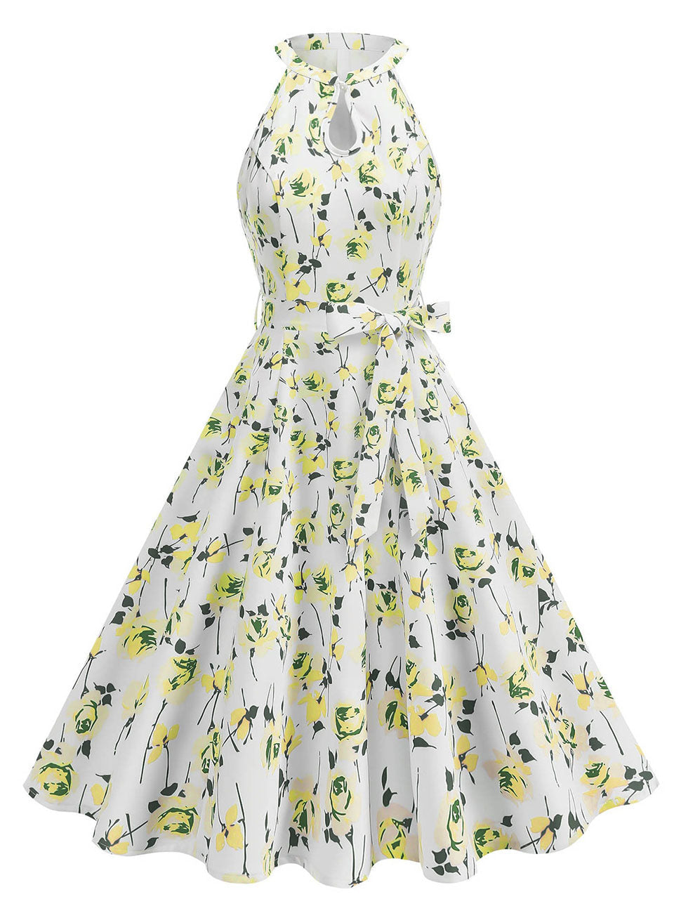 Floral Sleeveless Halter Neck 50S Swing Christmas Dress