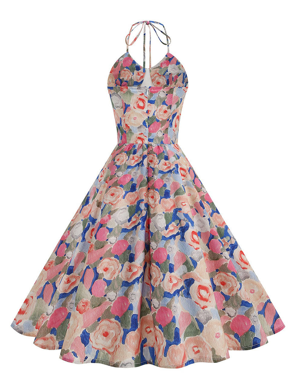 Yellow Floral Print Halter Neck Vintage Dress