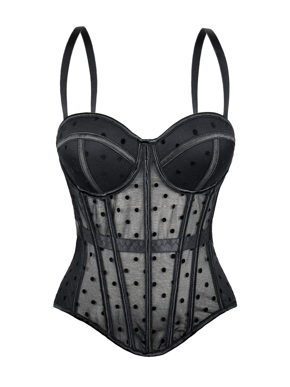 Pink Polka Dot Mesh Corset Top - Sheer Boned Spaghetti Strap Bustier