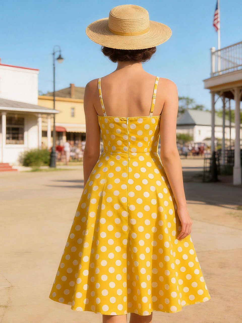 1950s Yellow Polka Dot  Lapel Strap Midi Dress