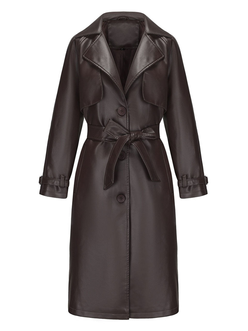 Faux Leather Trench Coat | Long Caramel Tan PU Leather Windbreaker Jacket