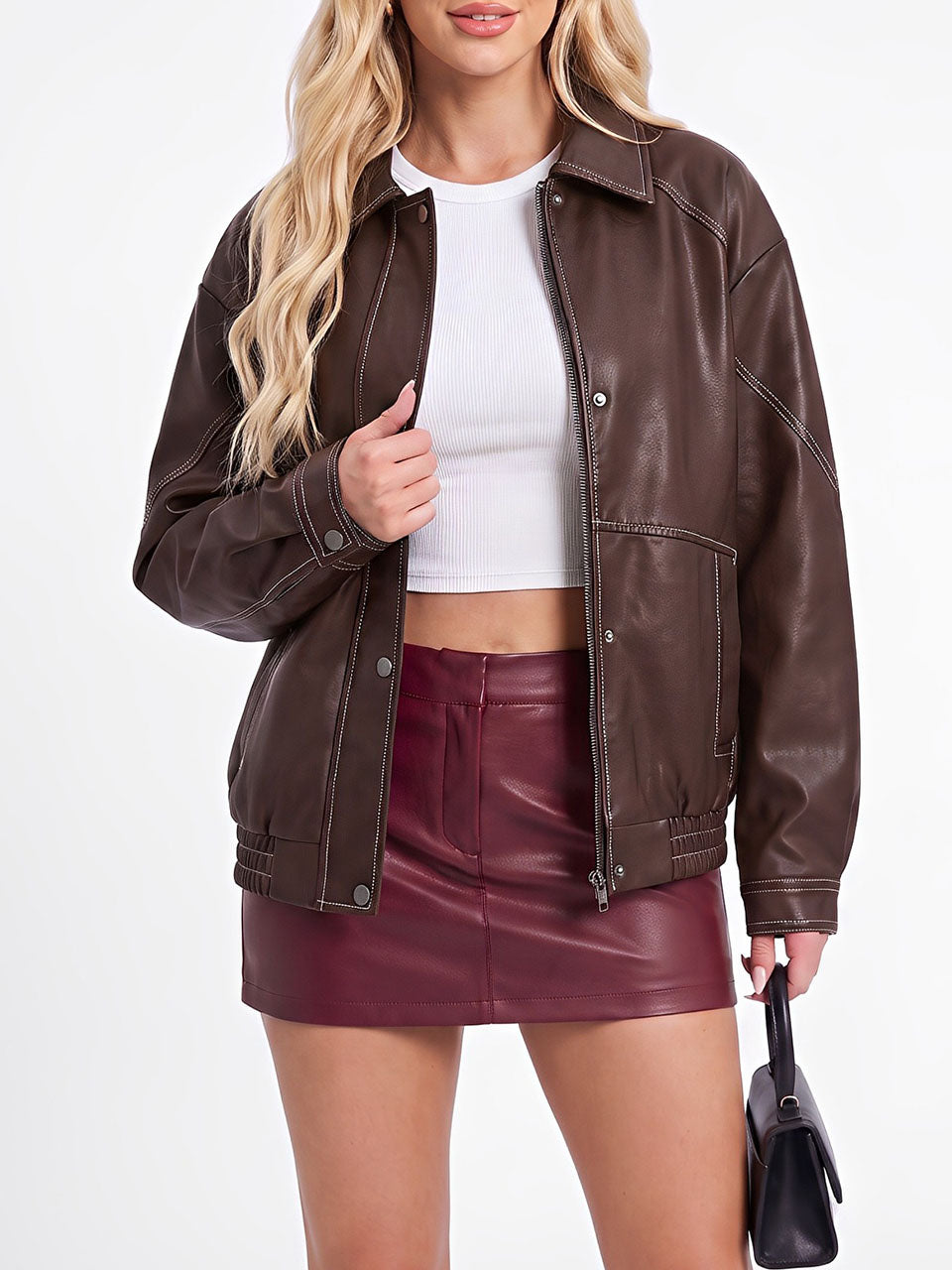Dark Brown Contrast Stitch Faux Leather Bomber Jacket