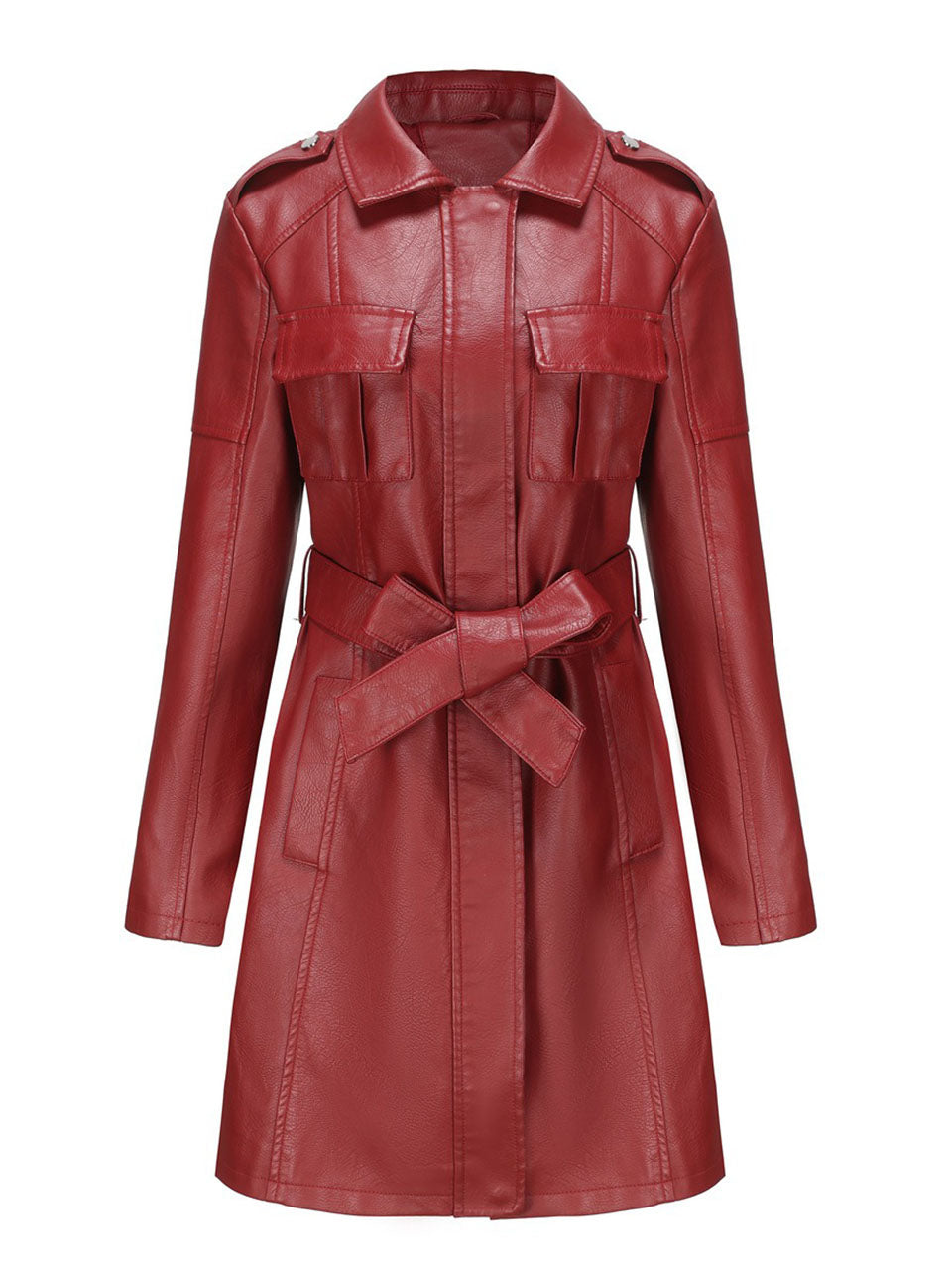 Black Faux PU Leather Trench Mid-Length Coat
