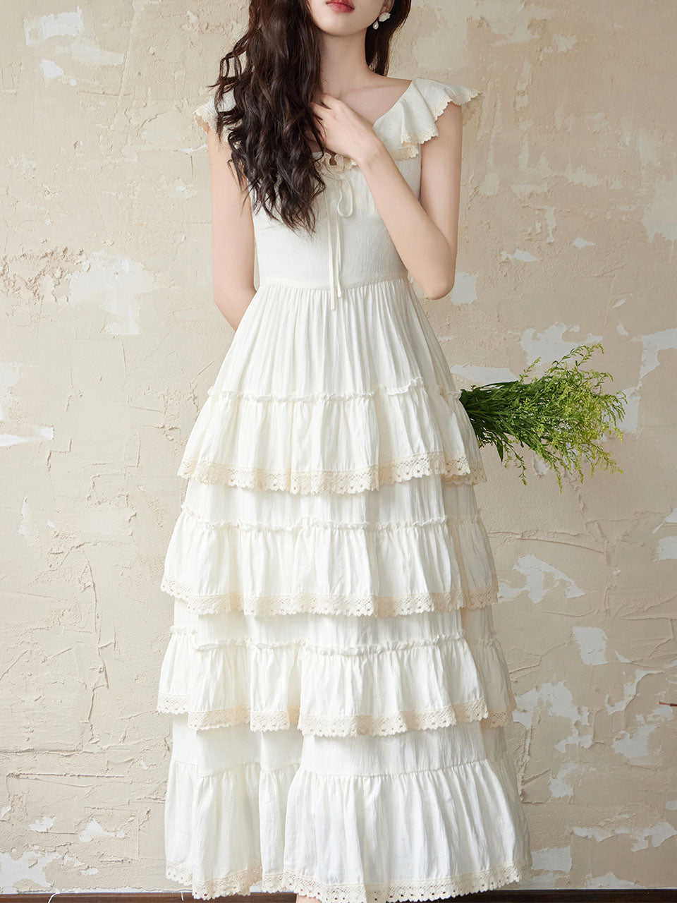 White Ruffles V Neck Layered Lace Maxi Vintage Dress