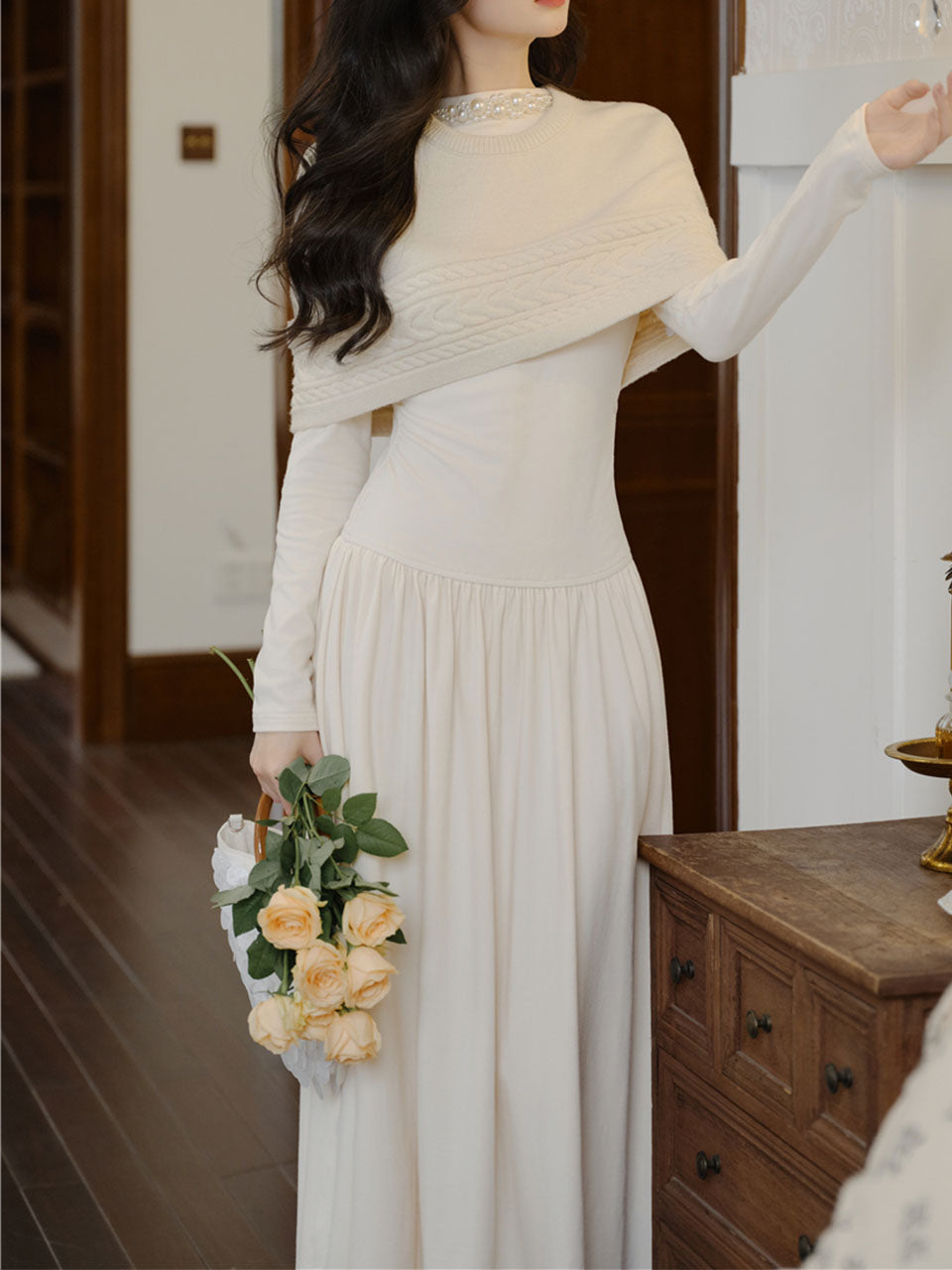White Two-Piece Set Pearl Beaded Long Sleeve Dress