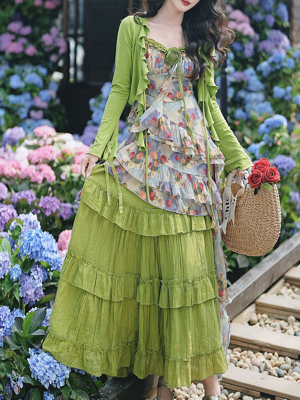 2PS Boho Gypsy Floral Asymmetrical Maxi Dress Whimsical Green Crinkled Tiered Ruffle Dress for Festival