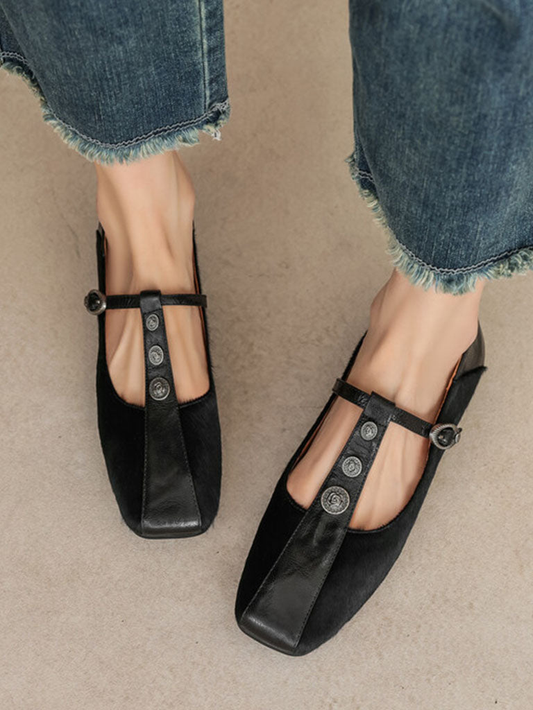 Flat Heel Leopard Square Toe T-strap Vintage Shoes