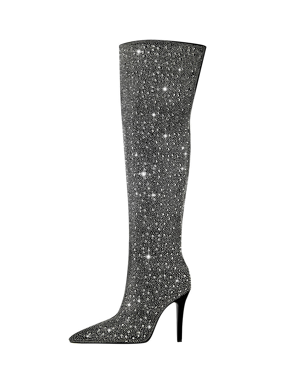 Black High Heel Pointed Toes Luxury Bling Rhinestone Boots Shoes