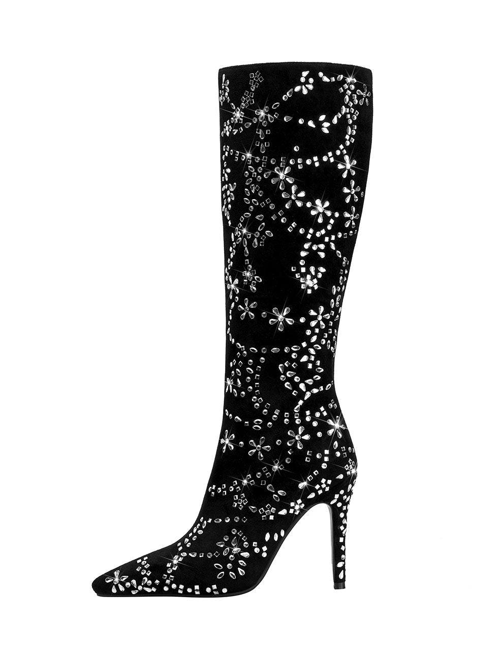 Black High Heel Pointed Toes Luxury Flower Bling Rhinestone Boots Shoes