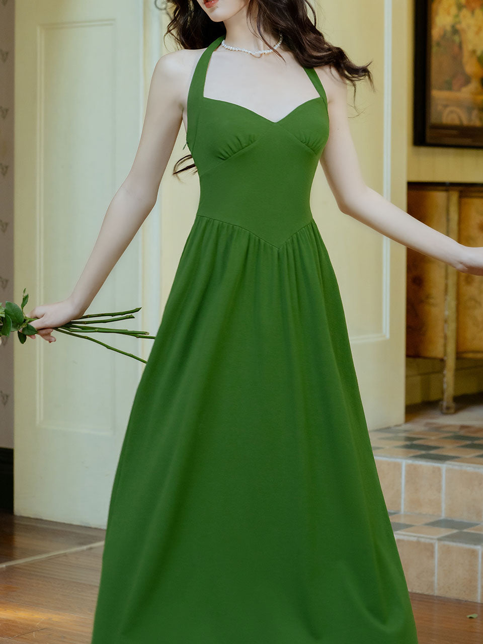Green Halter Backless Vintage Dress Prom Dress