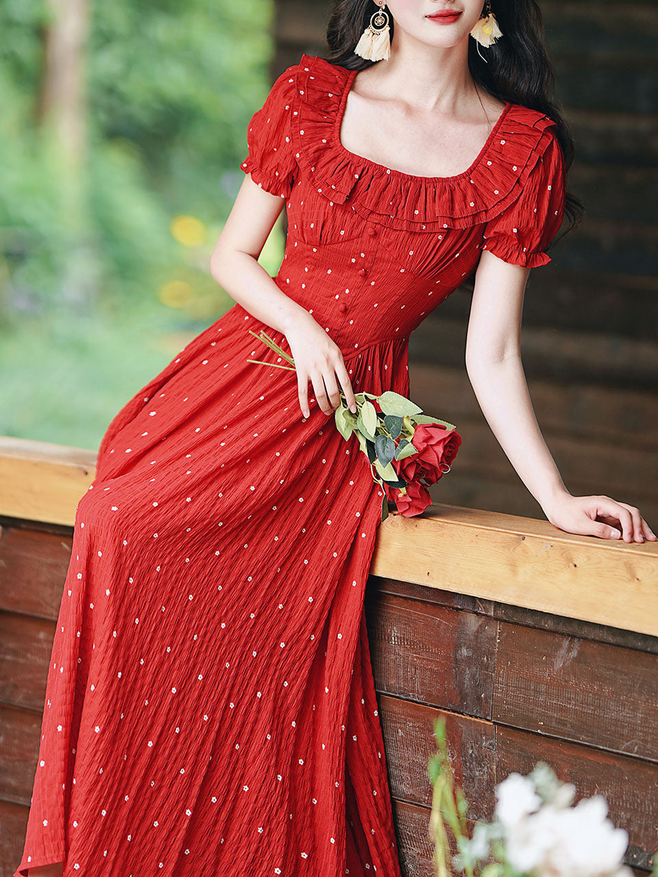 1950S Vintage Red Polka Dots Square Collar Swing Dress