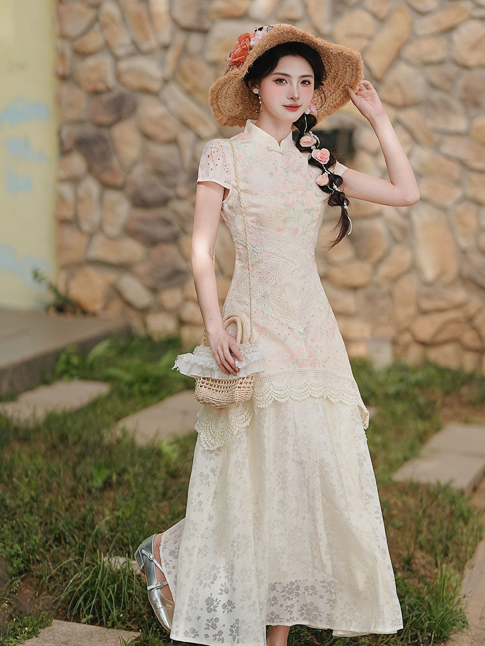 Pink Pastel Floral Lace Cheongsam Dress