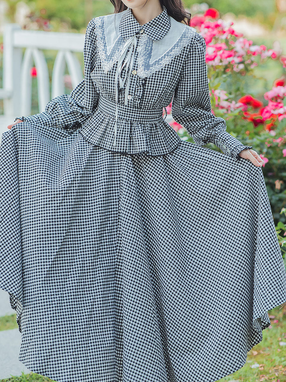 2PS 1950S Plaid Long Sleeve Shirt And Swing Skirt Dress Suit